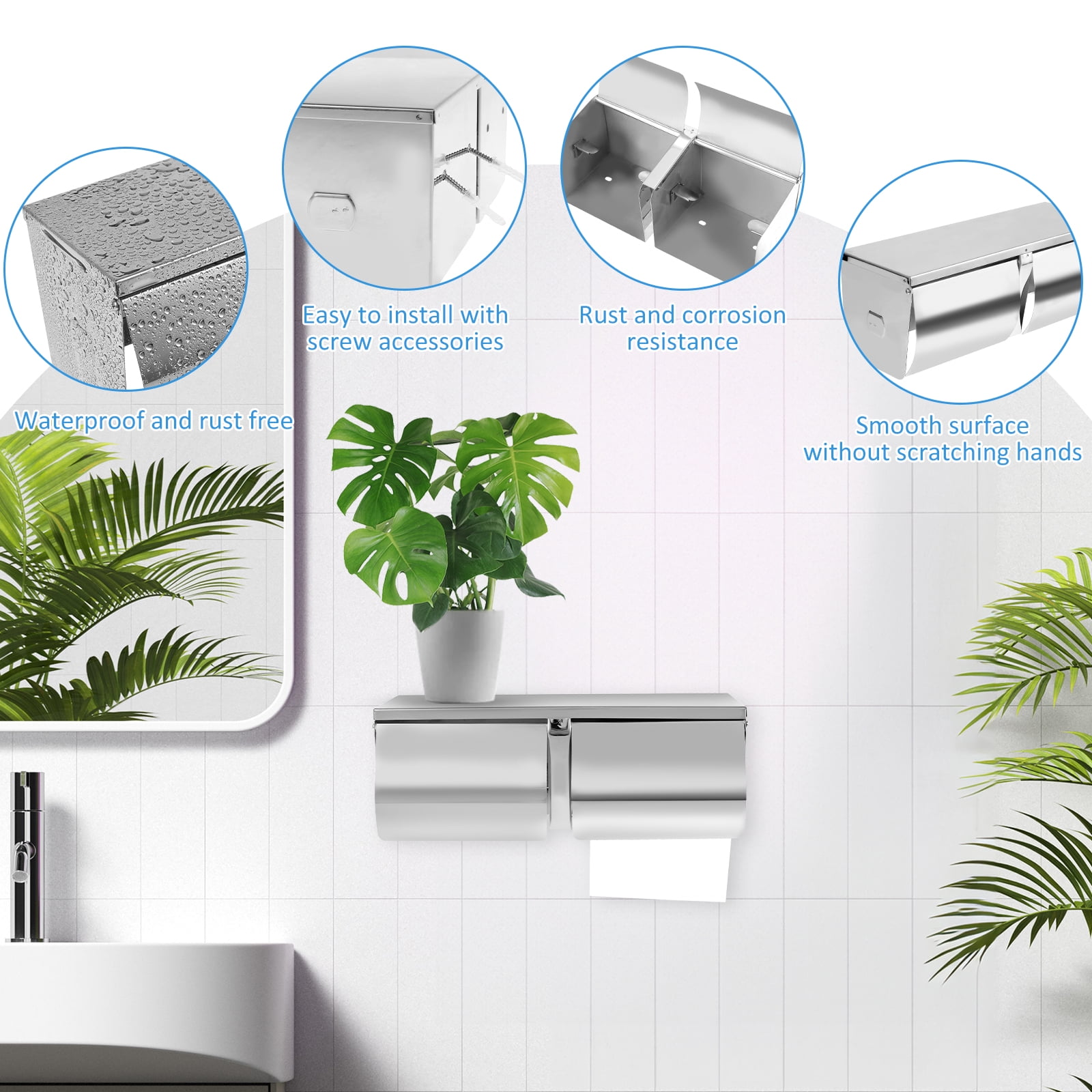 Double Roll Toilet Paper Holder Dispenser Toilet Paper Dispenser Wall Mount, Double (2 Roll) Locking Toilet Paper Holder Compact Two Roll, Side by Side Design Tissue Paper Dispenser