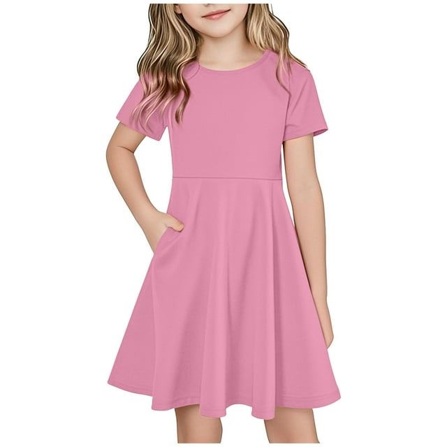 Tranfacy Robes Décontractées pour Filles, Robe à Manches Courtes pour Filles, Robe d'Été à Manches Courtes Décontractée et Ample avec Poches pour 4-14 Ans
