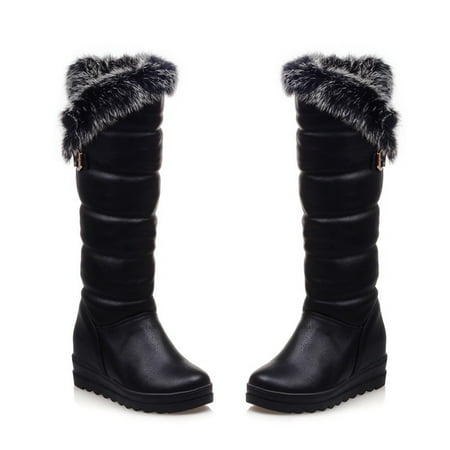 

Women Boots Metal Buckle Thick Fleece Slip-on Platform Mid-heel Solid Color Winter Warm Knee High Snow Boots