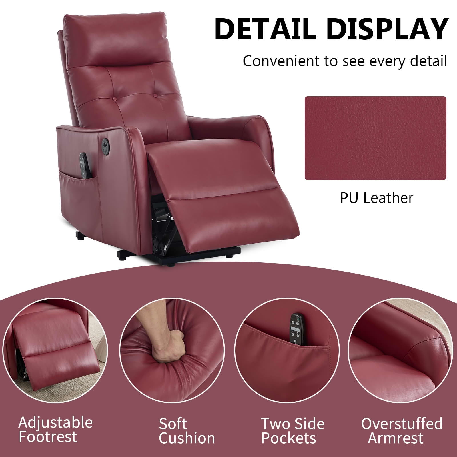 MAYEERTY Red Single Motor Power Lift Recliner Chair, 155° Recline PU Massage Heat Chair with USB for Elderly Living Room