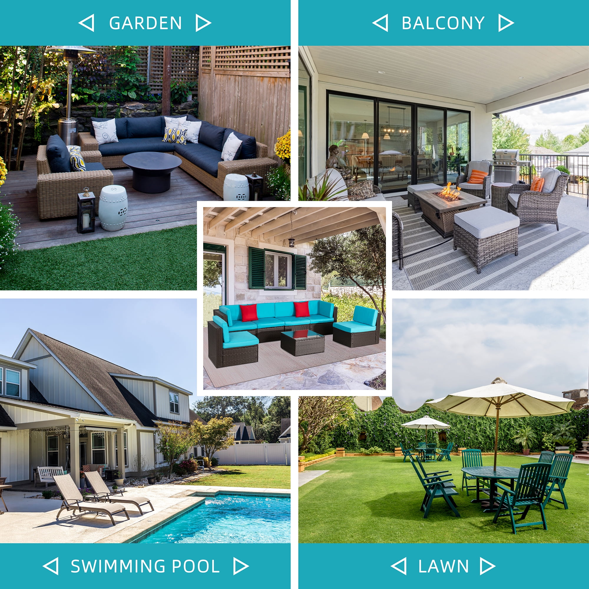 Patio Furniture Set, Walsunny 7 Piece All Weather Outdoor Sectional Sofa, Wicker Patio Conversation Set with Cushions and Tempered Glass Table for Backyard Porch, Blue