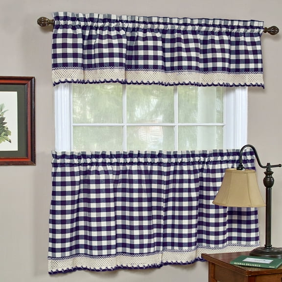 Woven Trends 3-Piece Tier and Valance Set, Window Kitchen Curtains Checkered Plaid Gingham Design, 29W x 36L Inches Farmhouse Tier Panels, Buffalo Cafe Curtain with Swag and Tier Pair Set, Navy