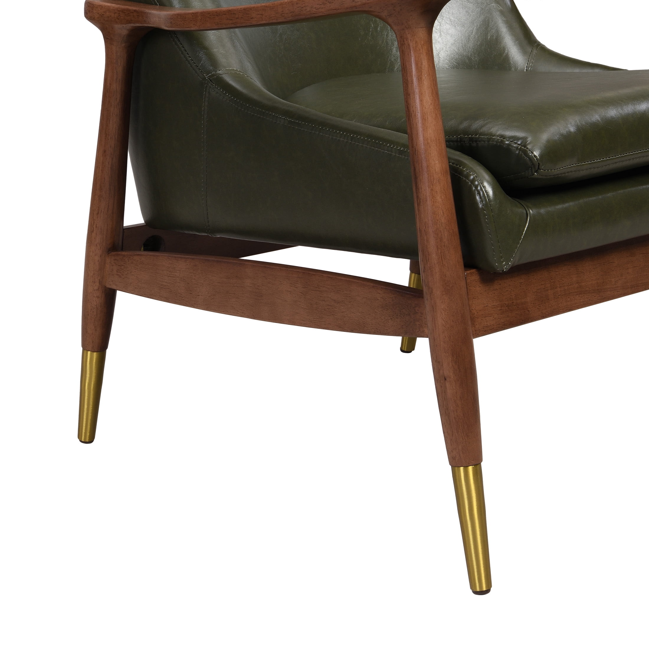 Astrid Mid-Century Modern Accent Chair With Faux Leather Upholstery, Solid Wood Frame, Brass-Tipped Legs, Wasabi Green