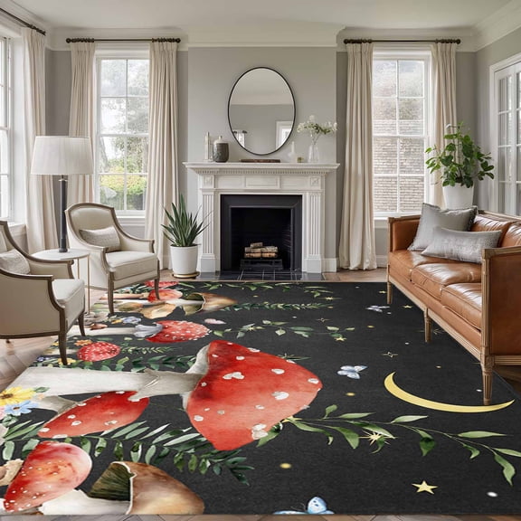 Large Area Rugs for Living Room Bedroom, Mushroom 6'x9' Rug Washable Carpet Runner Indoor Outdoor, Botanical Watercolor Floral Leaf Butterfly Plant Non Slip Floor Mats Rug for Kitchen, Playroom