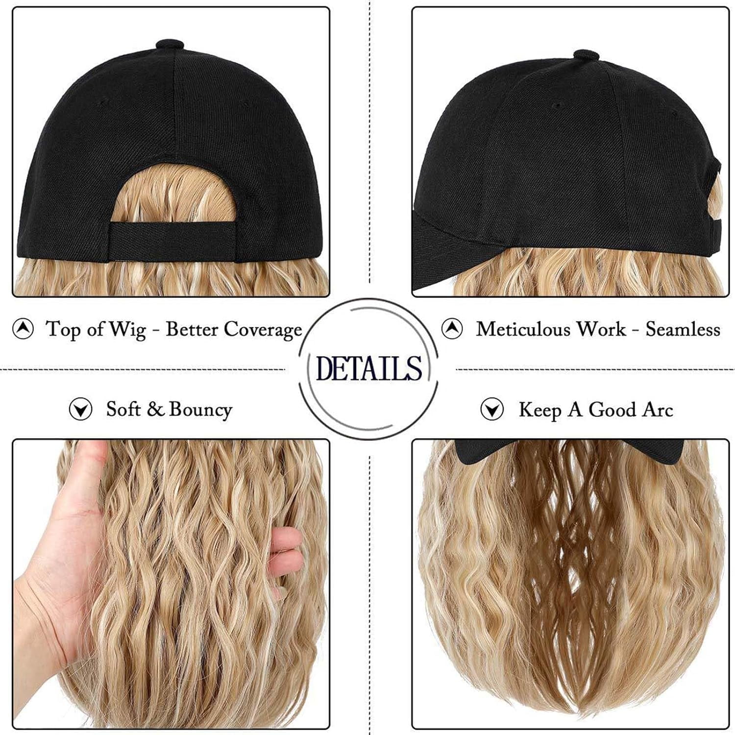 YEKEYI Hat Wig for Women, Short Wave Baseball Cap Wig with Curly Synthetic Hair Extensions