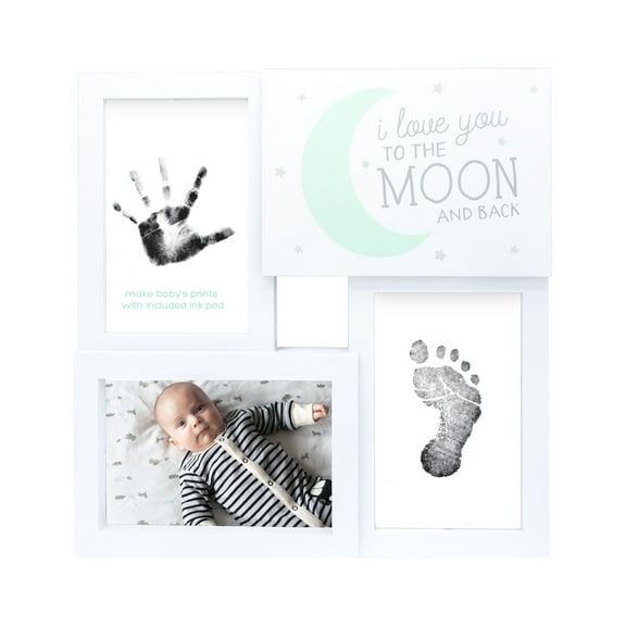 Tiny Ideas Baby Prints Collage Keepsake Frame with Clean-Touch Ink Pad "Love You to The Moon and Back" Mint, White, Black, 4" x 6" Photo Size