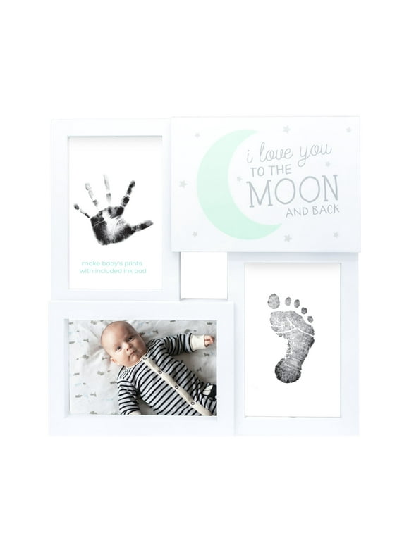 Tiny Ideas Baby Prints Collage Keepsake Frame with Clean-Touch Ink Pad "Love You to The Moon and Back" Mint, White, Black, 4" x 6" Photo Size