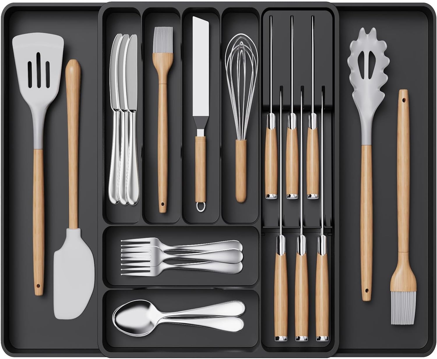 Caperci Silverware Drawer Organizer - Medium Gray, Expandable Wooden Utensil Tray - View #4