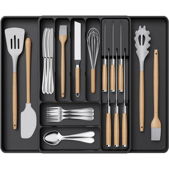 Lifewit Silverware Organizer for Kitchen Drawers, Expandable Utensil Tray with Removable Knife Block, Adjustable Cutlery and Flatware Holder, Plastic Spoon Forks Holder Storage Divider, Large, Black