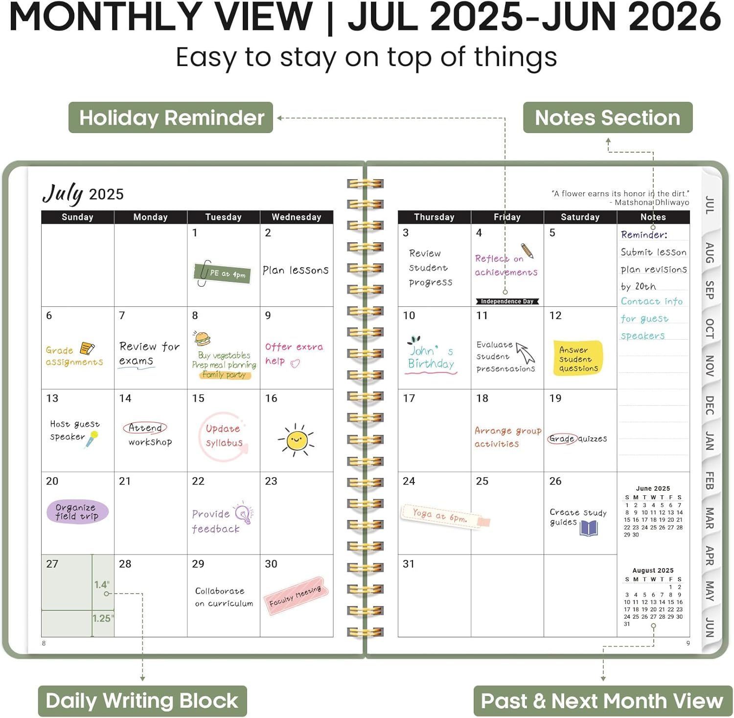 Academic Planner 2025-2026, Weekly and Monthly Calendar Planner Book, July 2025 – June 2026, Hardcover Organizer with Tabs, Perfect for Teachers, Students, Women & Men, A5 (6.4" x 8.5") - Pink