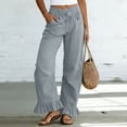 thumbnail image 2 of hlysgo Wide Leg Linen Pants for Women High Waisted Ruffle Hem Palazzo Pants Boho Summer Casual Loose Flowy Pant Trousers with Pockets Gray,L, 2 of 5