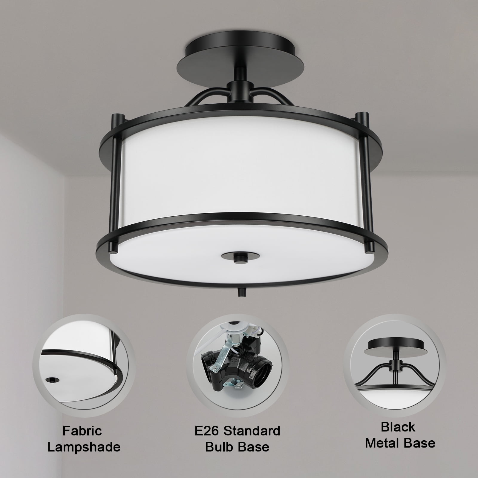 FRIDEKO HOME 3 Light Semi Flush Mount Ceiling Light, 12 Inch Industrial Ceiling Light Fixture with Metal Frame Fabric Drum Shade for Bedroom Living Room Hallway Kitchen Entryway(Without Bulb)