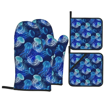

Oven Mitts and Pot Holders Sets 4 pcs Glowing Jellyfish Pattern Non-Slip Oven Gloves Potholders Soft Quilted Lining Heat Resistant Gloves Hot Pads for Kitchen Cooking Baking