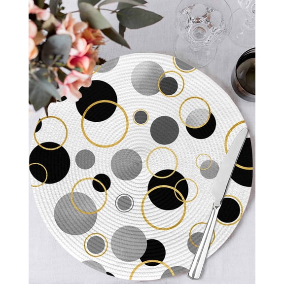 13 Inch Round Placemats Set of 4, Black Polka Dots Non Slip Heat Insulation PP Table Mats, Modern Abstract Art Washable Place Mats for Kitchen Dining Party Table Decor