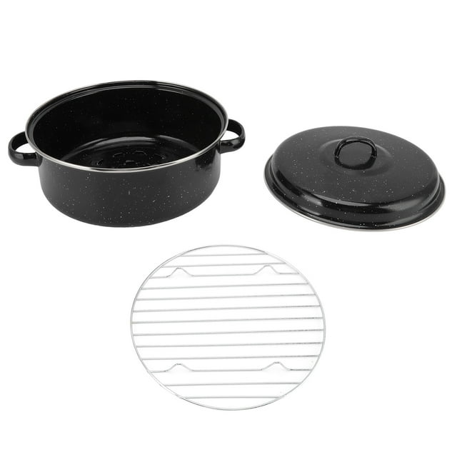Poêle à Rôtir, Poêle à Rôtir en Acier Inoxydable Finition Émail Noir Moucheté pour Barbecue pour Maison pour Patates Douces Cuites Couvercle en Fer 26cm