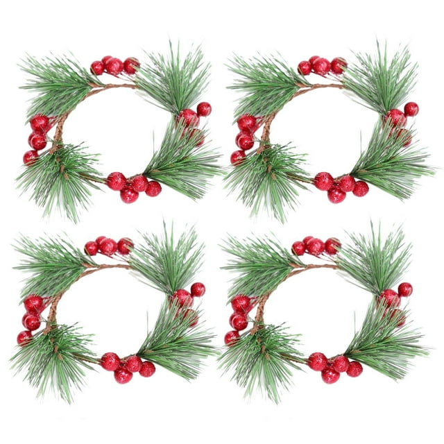 Anillos de Vela de 4 Piezas con Guirnalda de Velas de Bayas Rojas Artificiales para Fiesta
