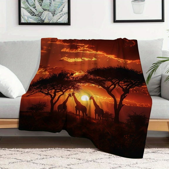 African Safari Throw Blanket - Heavyweight 280GSM Flannel Bedspread with Giraffes, Acacia Trees & Sunset - All-Season Soft Couch or Bed Decor - Machine Washable Wildlife Gift for Living Room, Travel,