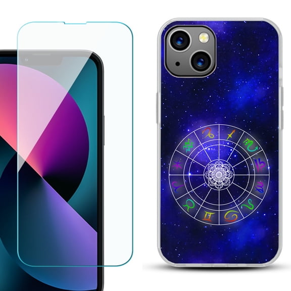 Slim-Fit Gel TPU Phone Case for iPhone 13 Mini, with Tempered Glass Screen Protector, by OneToughShield ® - Zodiac / Horoscope