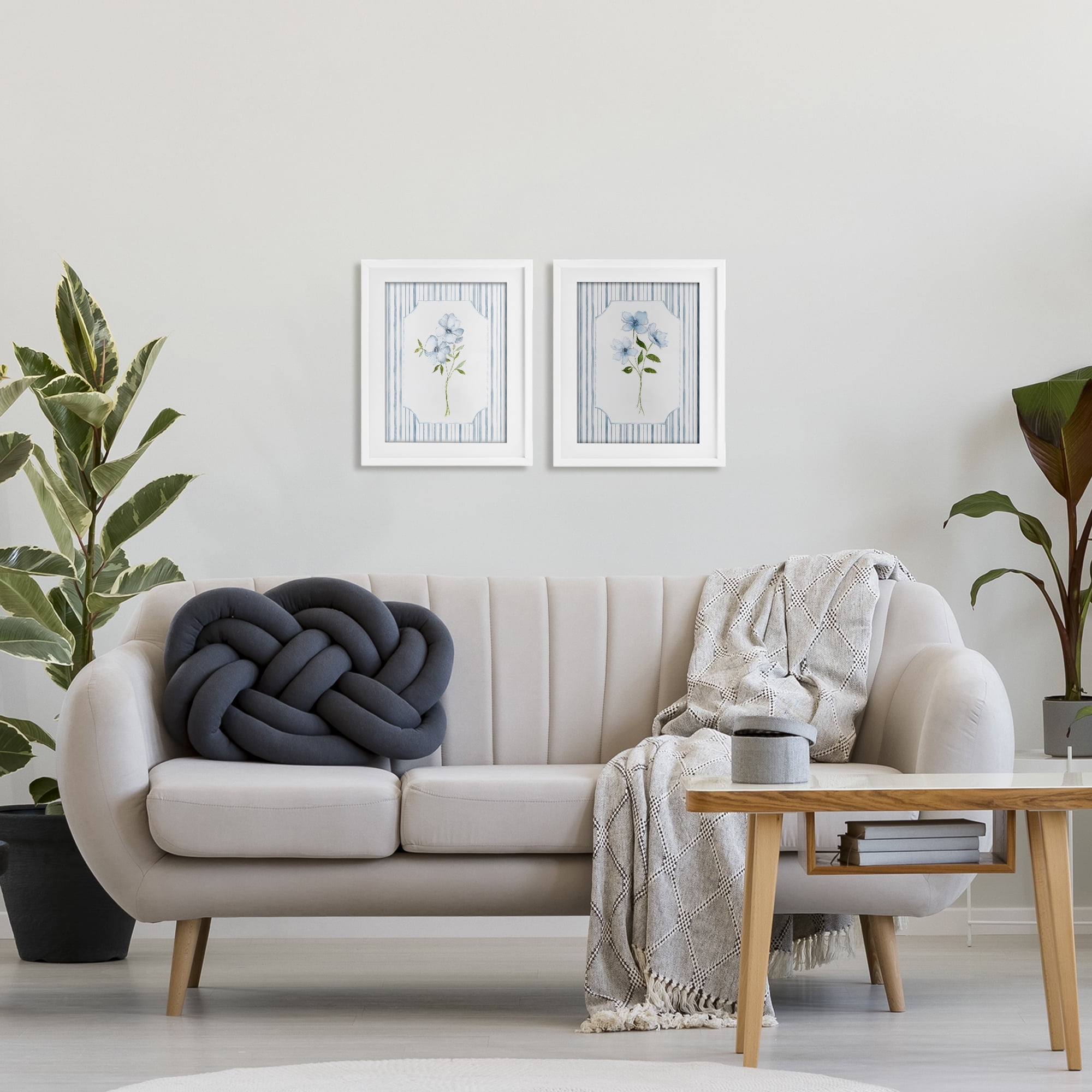 Stupell Industries Blue Blooms & Stripes 2 Piece White Framed Print Under Glass Set, design by Tava Studios