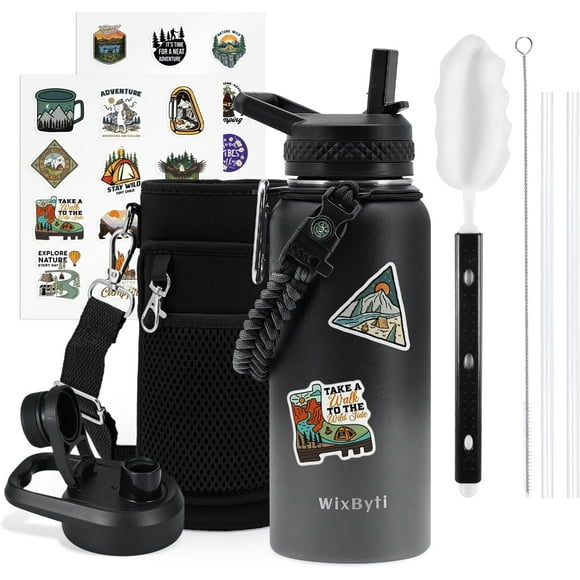 UTAH-32 oz Insulated Water Bottle with Straw (Cold for 48 Hrs), Stainless Steel Triple Wall Vacuum Sports Water Jug, Leakproof Hydro Cup Flask with Paracord Handle & Straw Spout Lids & DIY Stickers