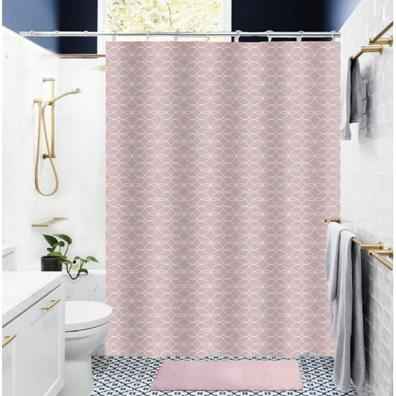 14 pieces Circles Pink Bathtub Shower Curtain With 12 Hooks and Matching Bath Mat Rug Non Slip Super Soft Chenille for Bathroom Décor