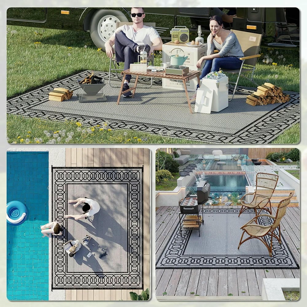 Barara King Rug,Non Slip Rugs,Indoor Door Mat,Reversible Outdoor Rug, 9'x 12' Waterproof Straw Floor Mat, Portable RV Camping Carpet, Black & Gray Border