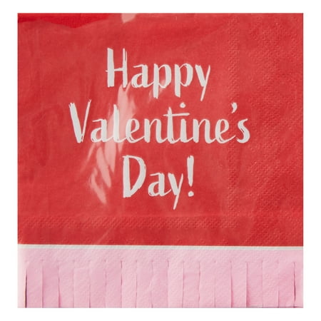 Way to Celebrate Happy Valentine's Day Pink Fringe Beverage Napkins, 16 Ct, 5.5" x 5.5", Multicolor