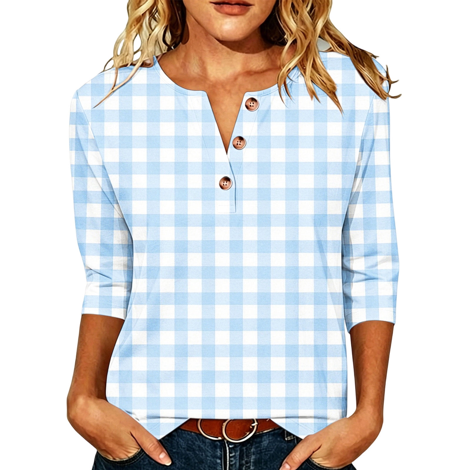 Vrorvz 3/4 Sleeve Shirts for Womens V Neck Button Shirt Plaid Top Casual Loose Tunic Fall Tops Ladies Clothes