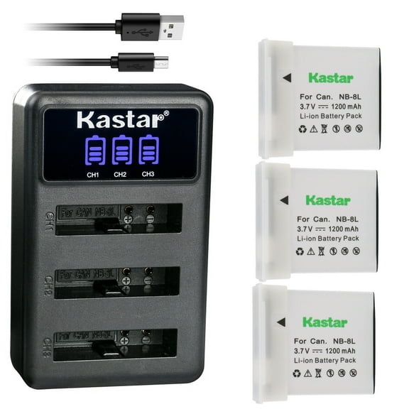 Kastar 3 Pack Battery and LCD Triple USB Charger Compatible with Canon NB-8L NB-8LH Battery, Canon CB-2LA, CB-2LAE Charger, Canon PowerShot A2200, A3000 IS, A3100 IS, A3150 IS, A3200 IS, A3300 IS
