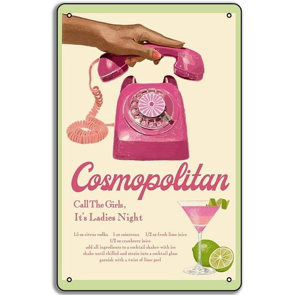 The Cosmopolitan Cocktail, 8x12in Metal Tin Poster, Bar Cart Decor, Cocktail Art, Alcohol Poster