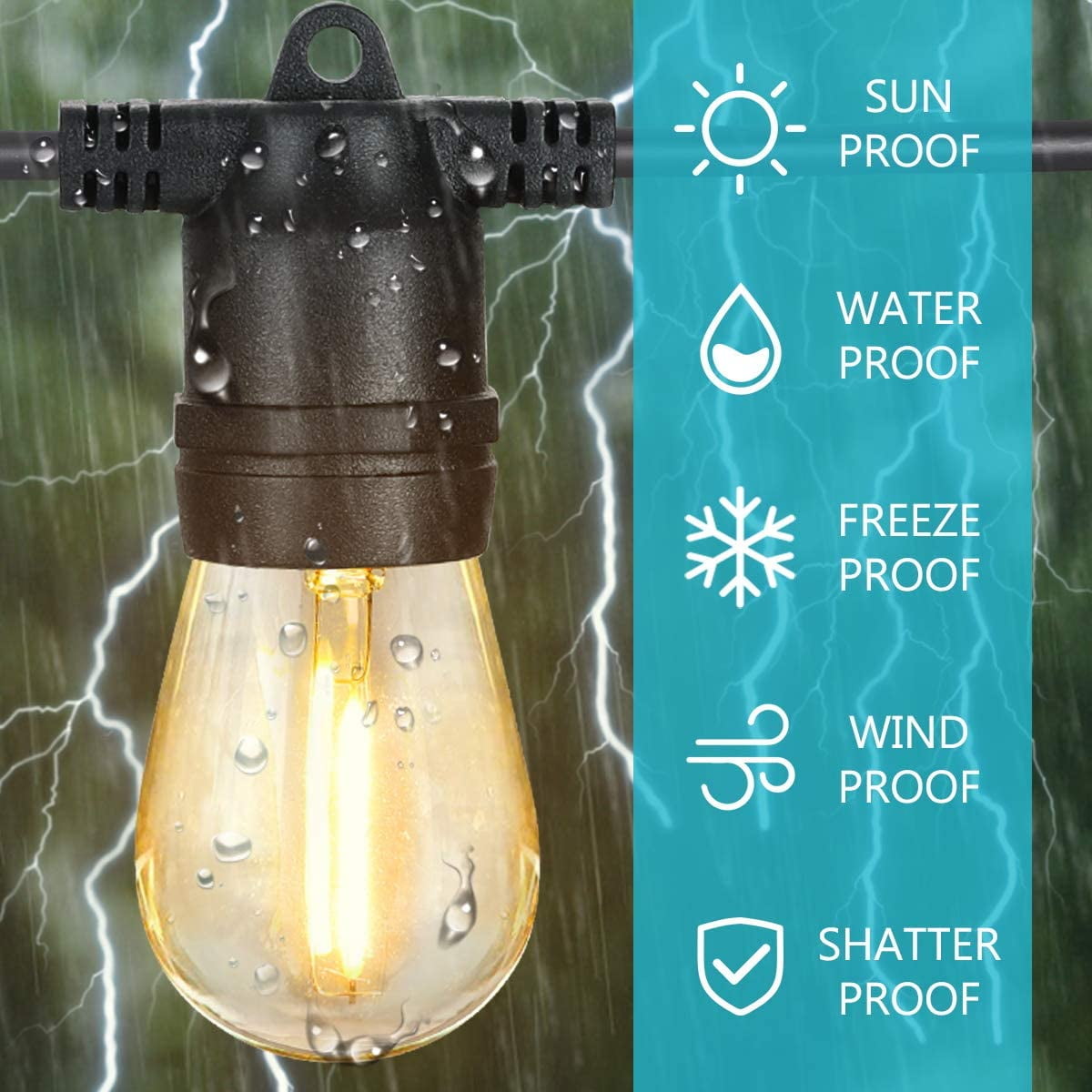 Yi Lighting 48ft Solar-Powered Outdoor String Lights with 15 LED Bulbs Weatherproof for Patio, Porch, Deck, Party Garden