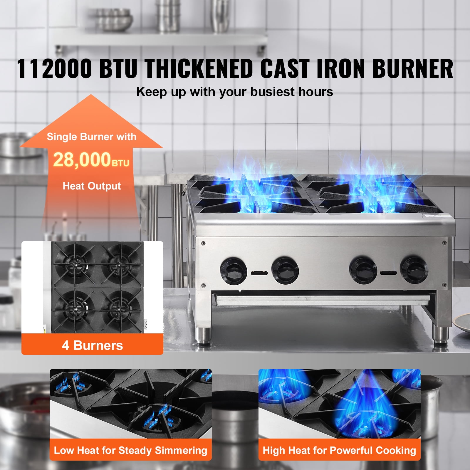 SKYSHALO Gas Cooktop for Commercial Use, 4-Burner Range, Dual Fuel with Propane & Natural Gas, Stainless Steel Construction, Ideal for Restaurants, 112,000 BTU