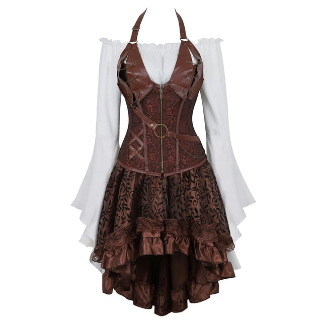 Grebrafan Blouse Steampunk Blanche, Corset en Cuir et Jupe Tutu Ensemble 3 Pcs TG Brun