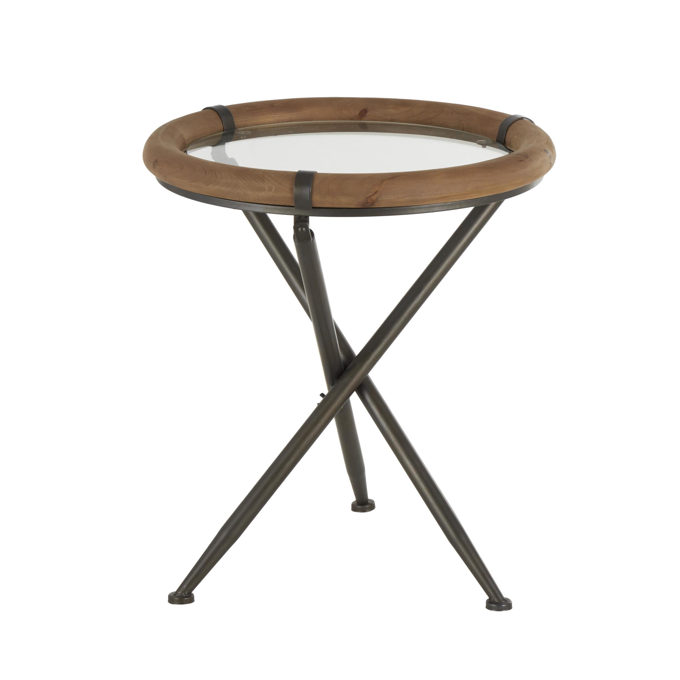 DecMode 20" x 22" Brass Metal Round Accent Table with Brown Wooden Framed Glass Tabletop, 1-Piece