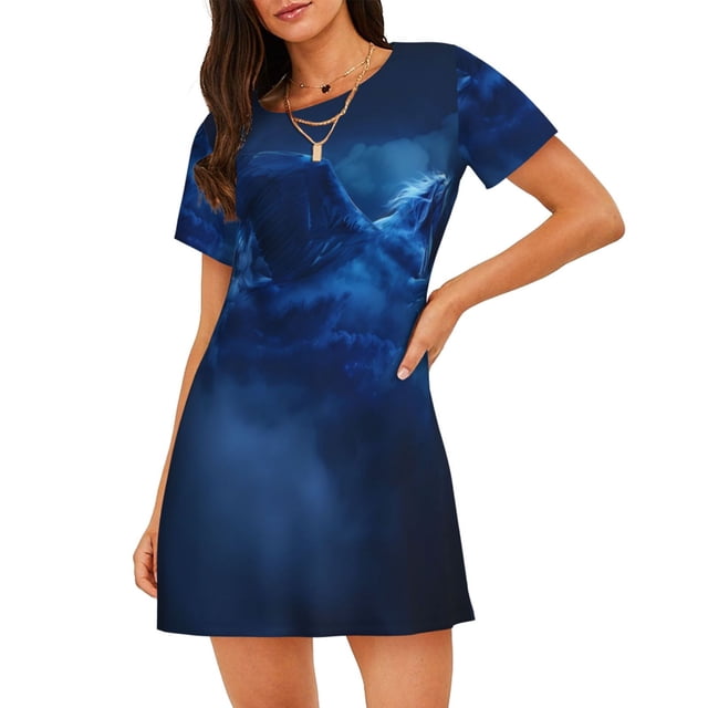 Fotbe Pegasus Night Sky Bata de Dormir para Mujer con Estampado, Camisón de Algodón de Manga Corta, Ropa de Dormir Casual