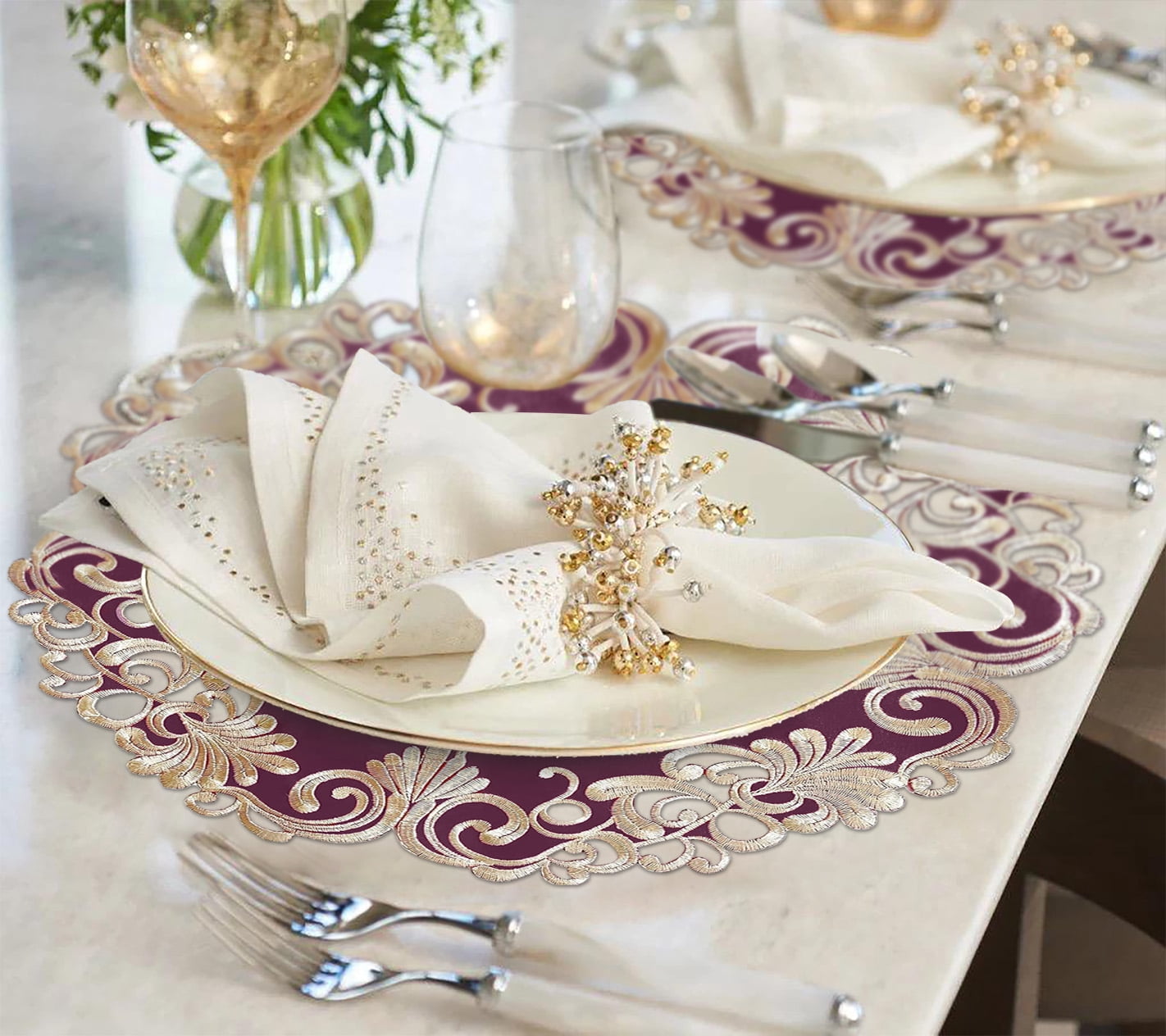 Purple Doilies Set of 4 - Round Placemats European Embroidery for Dining Table