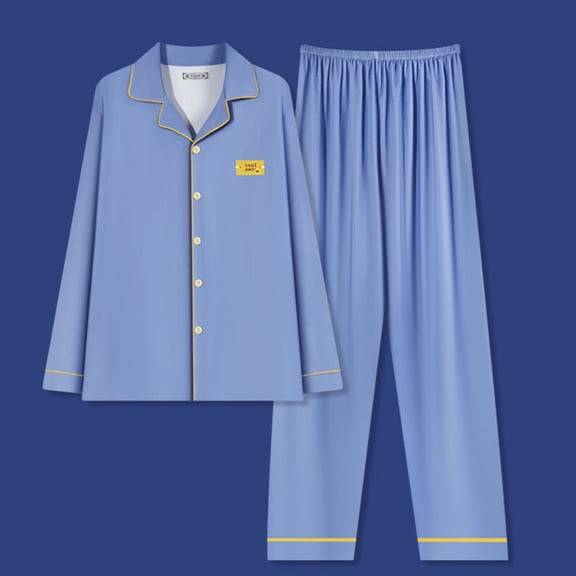 Kakii Men's Long Sleeve Pajama Set - Collared Sleep Shirt and Pants, Button Up Loungewear