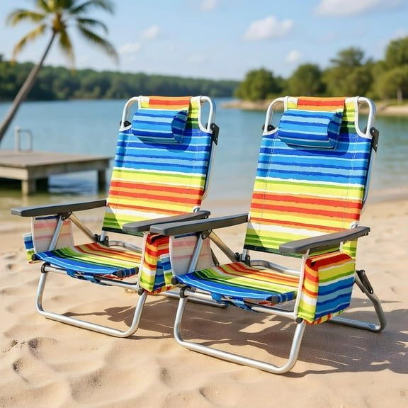 Resenkos 2-Pack Folding Backpack Beach Chair 5-Position Outdoor Reclining Chairs with Pillow-Yellow, Backpack Folding Beach Chairs, Folding Beach Chair for Outdoor, Lawn, Trip, Picnic