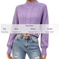 thumbnail image 5 of Women's Mock Neck Cable Knit Sweater, Long Sleeve Cropped Pullover, Loose Button Detail Knitted Jumper, Warm Casual Tops for Fall Winter Daily Wear Purples One Size, 5 of 5