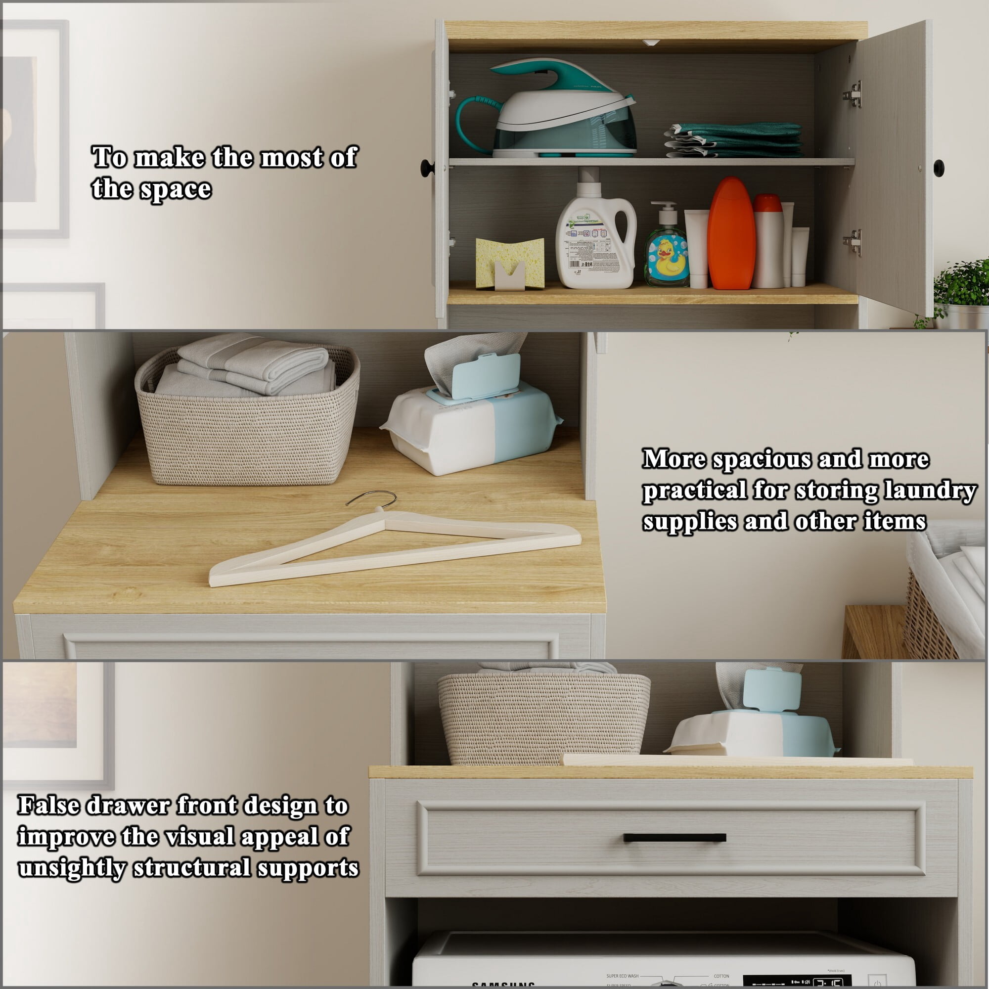 AENKYO Over-The-Washer Cabinet, Laundry Storage with Adjustable Shelf, Organizer for Compact Washers, Antique White