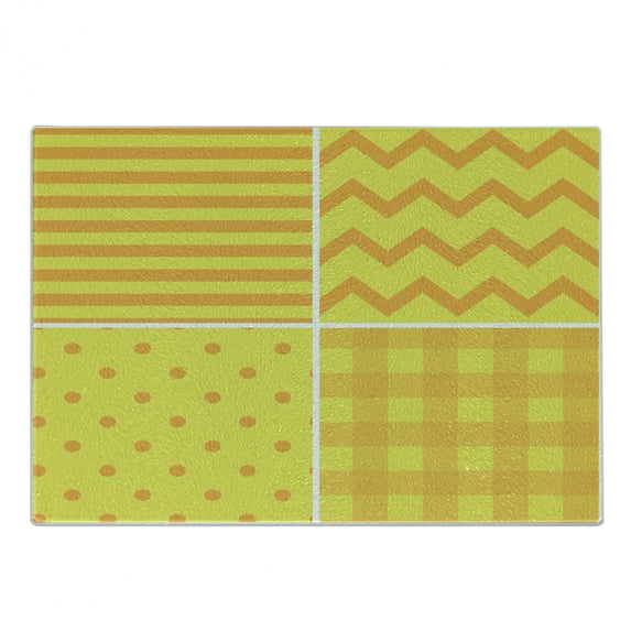 Yellow Cutting Board, Illustration Different Patterns in Flat Design Zigzag Dots Vertical Lines Retro, Decorative Tempered Glass Cutting and Serving Board, Small Size, Yellow Orange, by Ambesonne