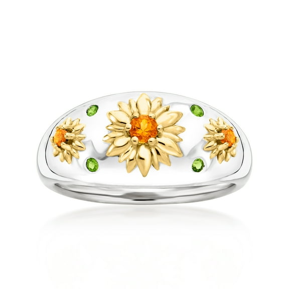 Ross-Simons 0.20 ct. t.w. Chrome Diopside and .10 ct. t.w. Citrine Flower Ring in Sterling Silver With 18kt Gold Over Sterling, Women's, Adult