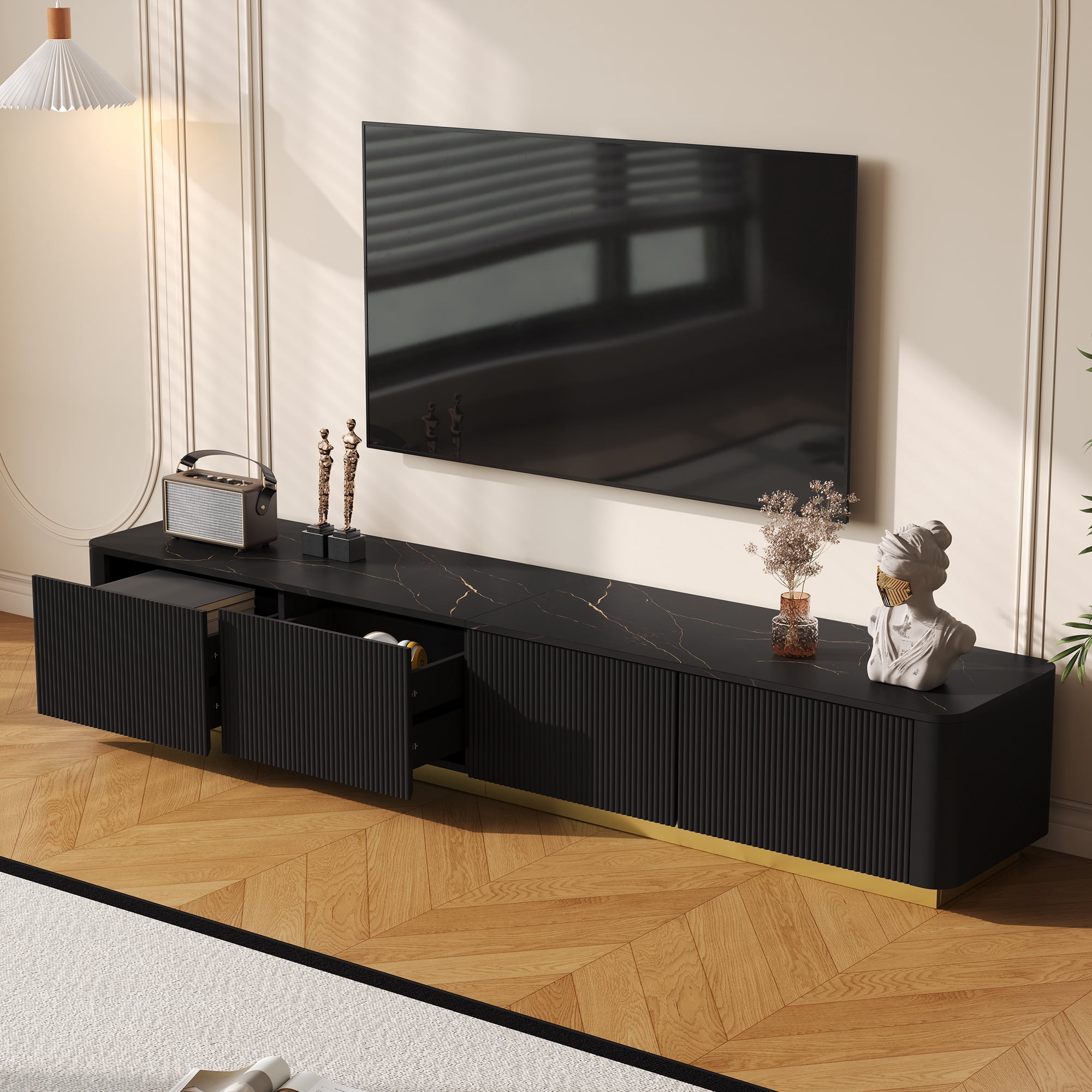 Harper & Bright Designs Fluted TV Stand for 85 inch TV with Gold Base, Modern Media Console with 4 Drawers, Entertainment Center with Curved Profile Design for Living room, Black