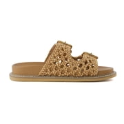 Cushionaire Weaver Summer Sandals for Women - Shiny Raffia Woven Slip On Womens Slides with Adjustable Buckle