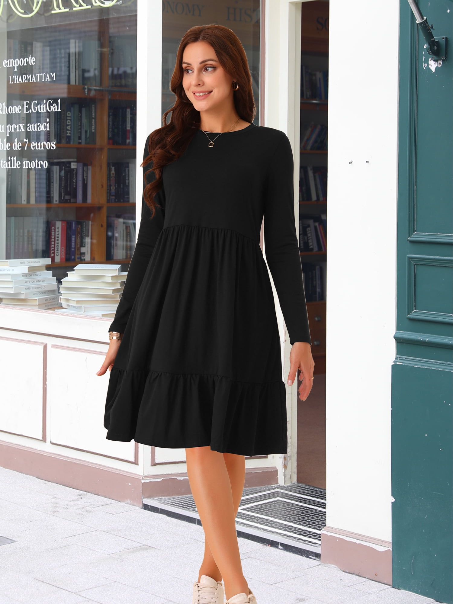 DARING DIVA Casual Long Sleeve Tiered A-Line Swing Dress S Black
