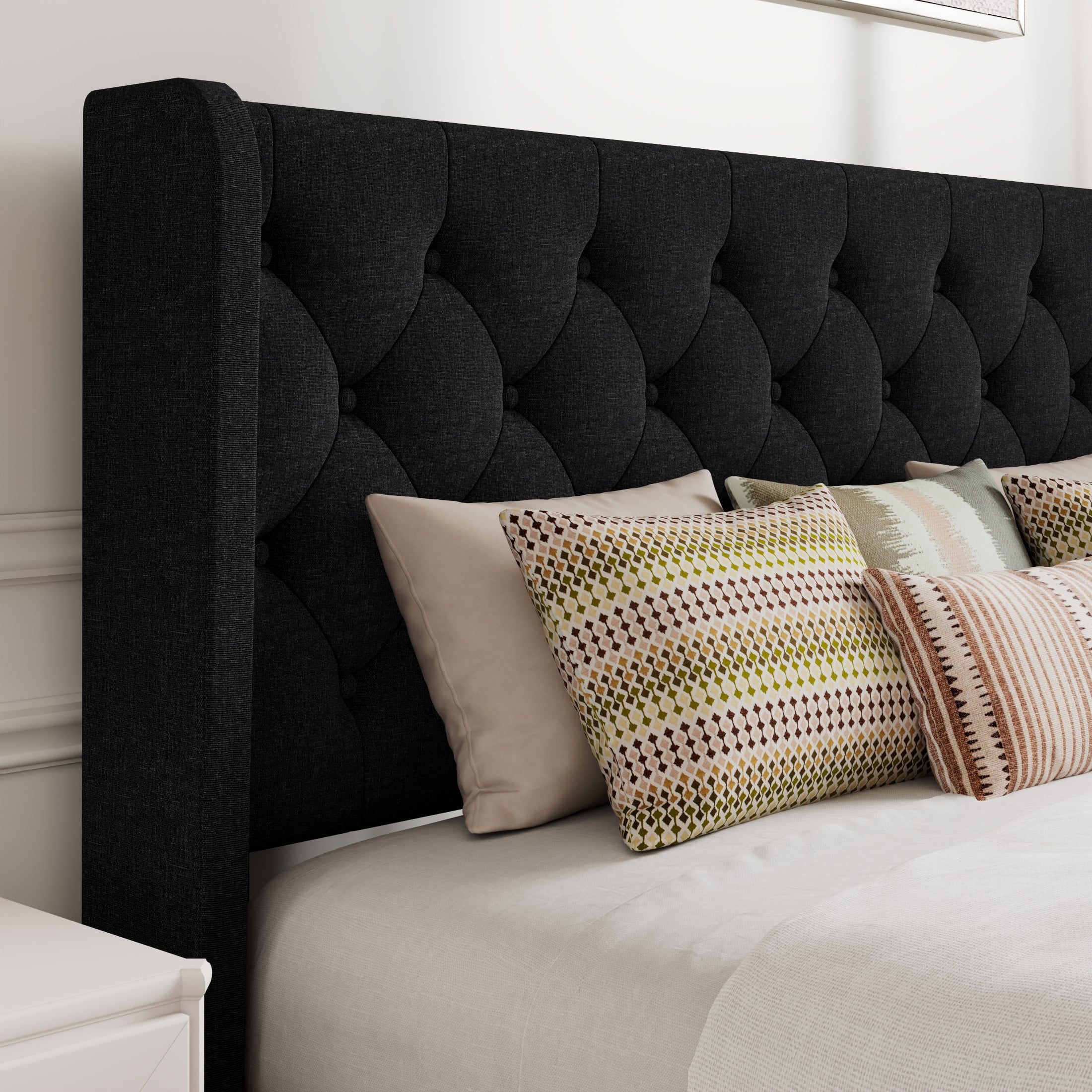 Amolife Full Size Upholstered Platform Bed Frame with Fabric Diamond Deluxe Wingback Headboard, Black