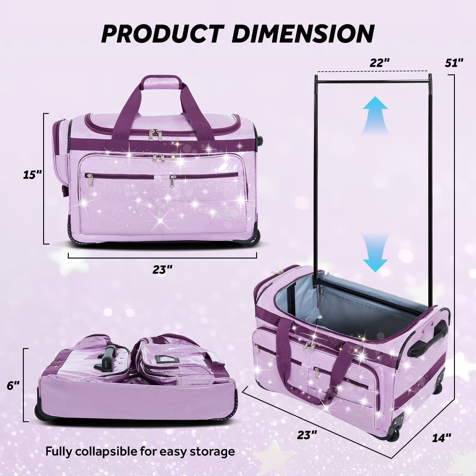 Fegat Dance Bag with Garment Rack,23"Glitter Bright Rolling Dance Duffel Bag Lightweight Competition Bag Costume Suitcase for Dancers Performer Artist, Shine Glitter Purple