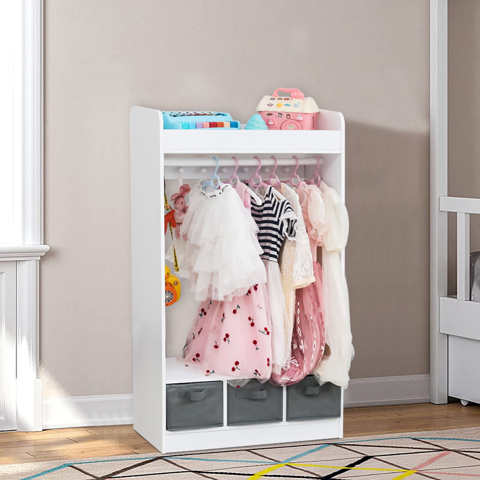 Kids Costume Organizer Rack, Kids Open Hanging Armoire Closet with Mirror, White