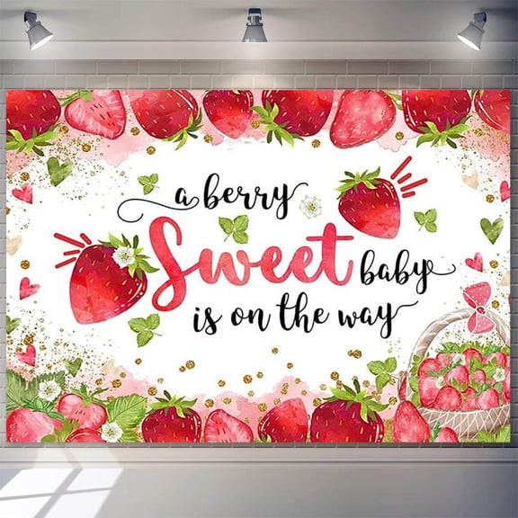 1pc Strawberry Baby Shower tapestry with "A Berry Sweet Baby Is on the Way" Cursive Lettering - Pink & Red Strawberry Theme with Hearts & Strawberry Cutouts Fabric Banner for Baby Shower, Decorations