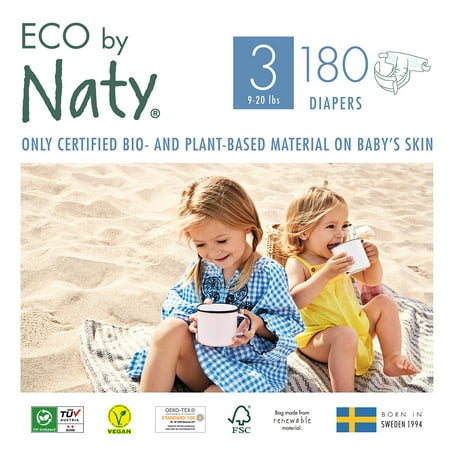 Eco by Naty Premium Disposable Diapers for Sensitive Skin, Size 3, 6 packs of 30 (180 Diapers) (Chlorine and perfume